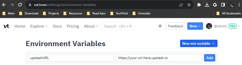 Screenshot of adding a new environment variable to Val Town